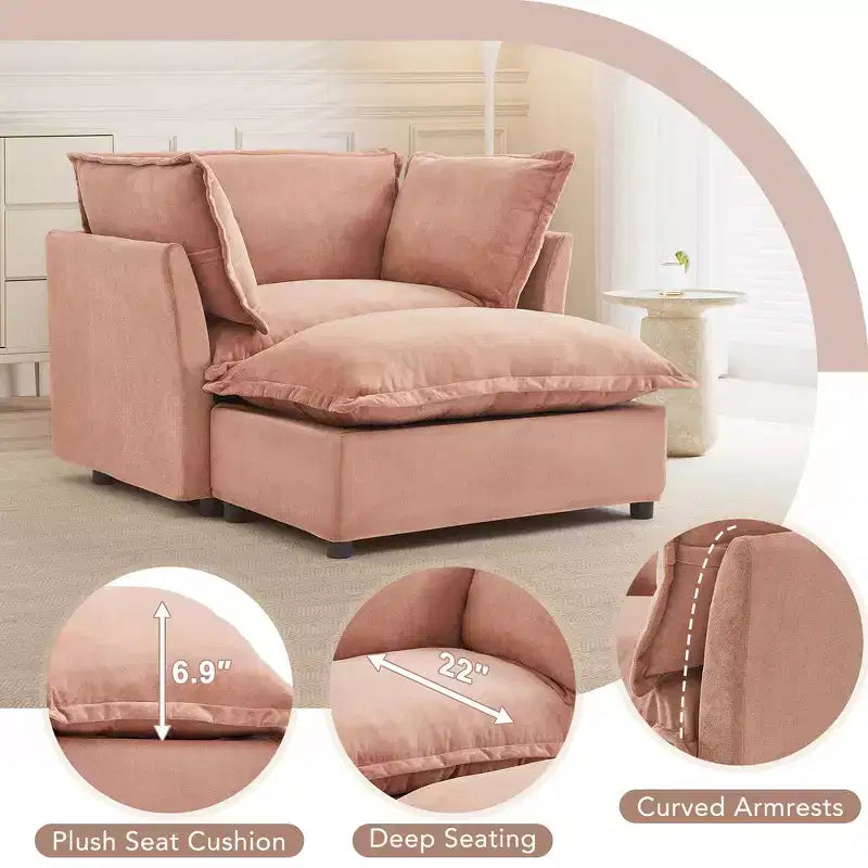 Chenille Armchair with Movable Ottoman, Wide Seat, Curved Armrests & Soft Pillows