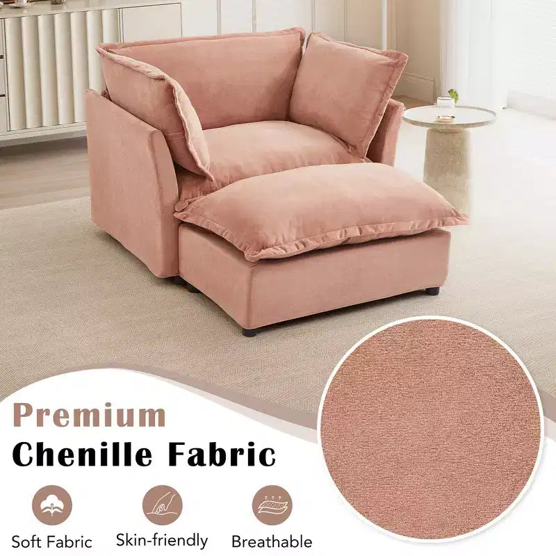Chenille Armchair with Movable Ottoman, Wide Seat, Curved Armrests & Soft Pillows