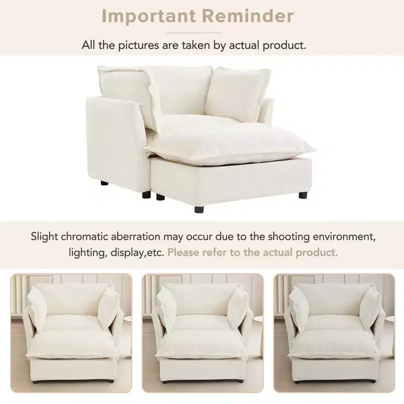 Chenille Armchair with Movable Ottoman, Wide Seat, Curved Armrests & Soft Pillows