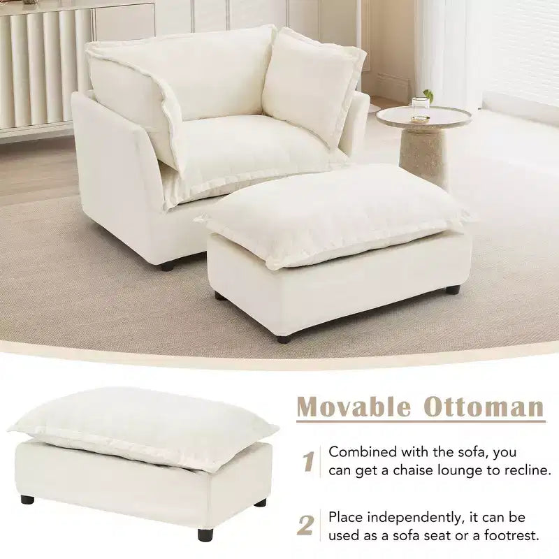 Chenille Armchair with Movable Ottoman, Wide Seat, Curved Armrests & Soft Pillows