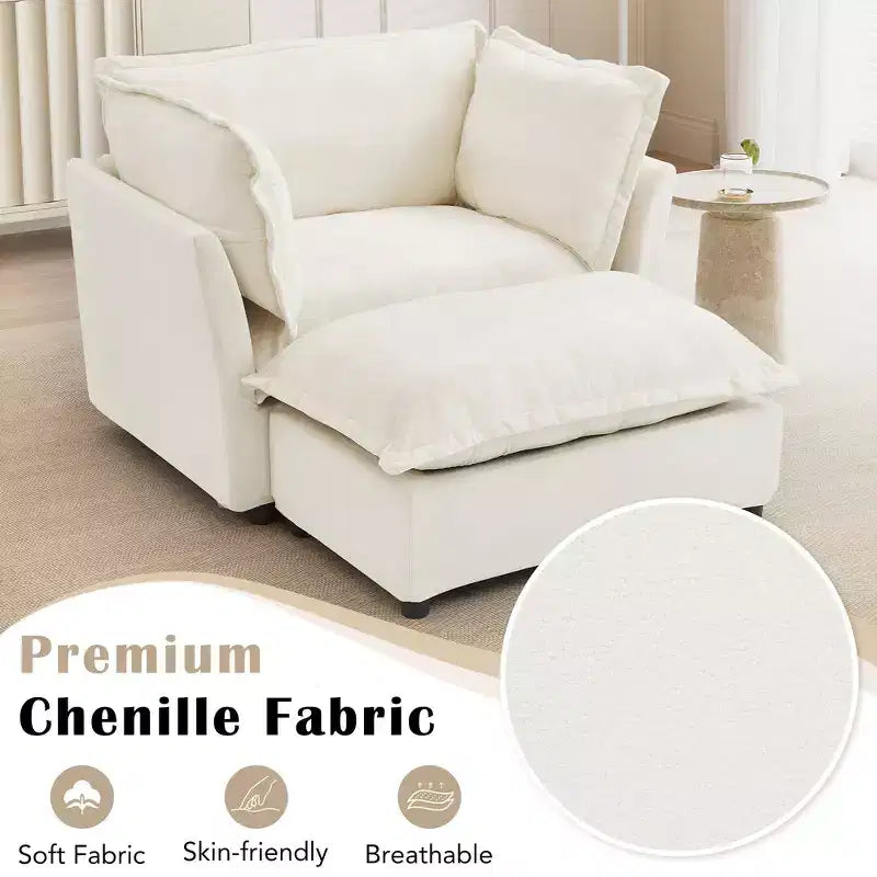 Chenille Armchair with Movable Ottoman, Wide Seat, Curved Armrests & Soft Pillows