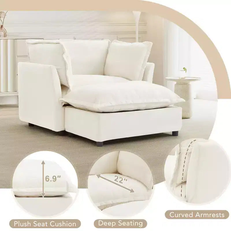 Chenille Armchair with Movable Ottoman, Wide Seat, Curved Armrests & Soft Pillows