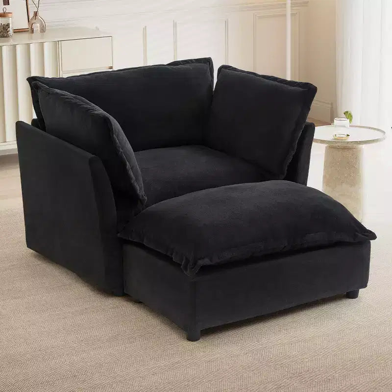 Chenille Armchair with Movable Ottoman, Wide Seat, Curved Armrests & Soft Pillows