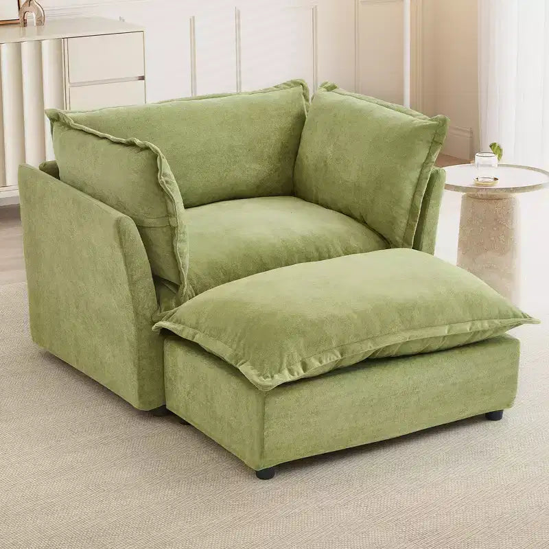 Chenille Armchair with Movable Ottoman, Wide Seat, Curved Armrests & Soft Pillows