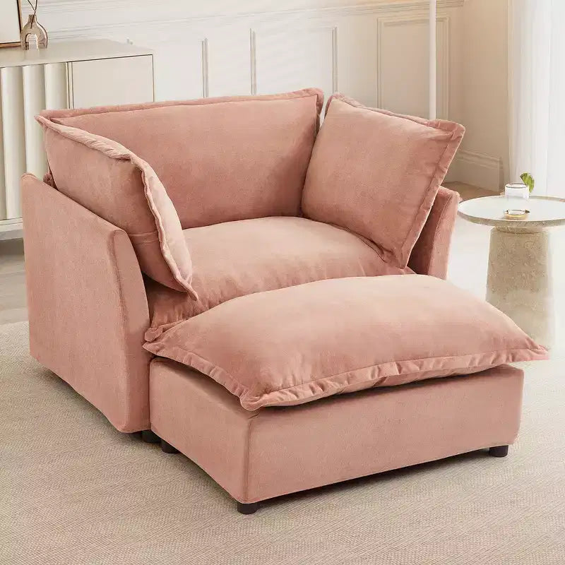 Chenille Armchair with Movable Ottoman, Wide Seat, Curved Armrests & Soft Pillows