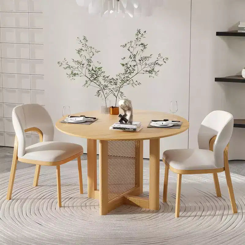 46" Round Farmhouse Dining Table – Solid Wood, Rattan Woven Legs, Seats 4