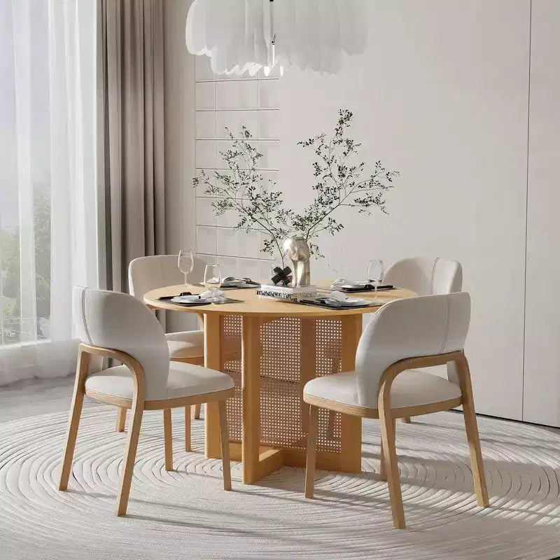 46" Round Farmhouse Dining Table – Solid Wood, Rattan Woven Legs, Seats 4