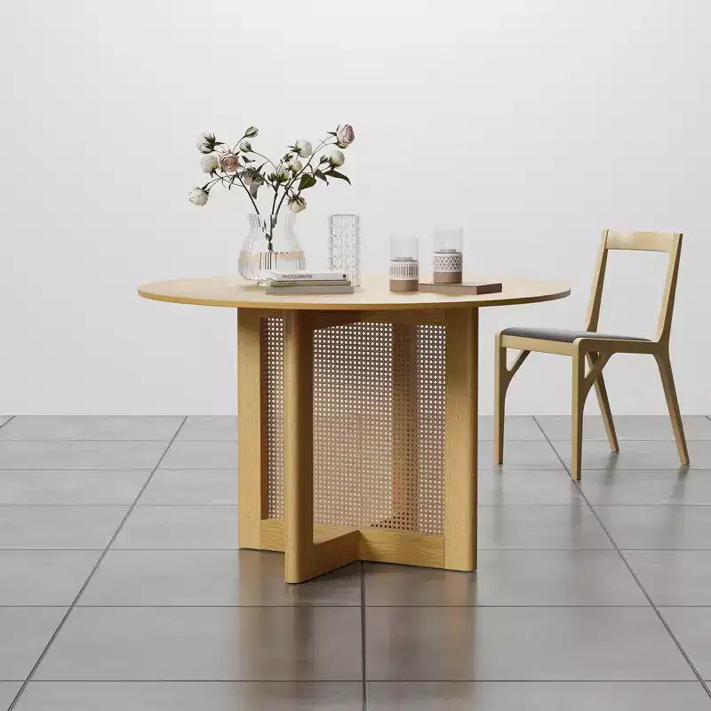 46" Round Farmhouse Dining Table – Solid Wood, Rattan Woven Legs, Seats 4