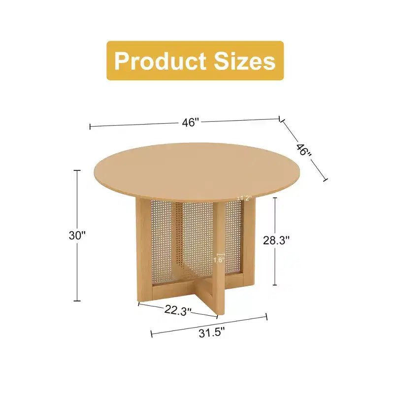 46" Round Farmhouse Dining Table – Solid Wood, Rattan Woven Legs, Seats 4