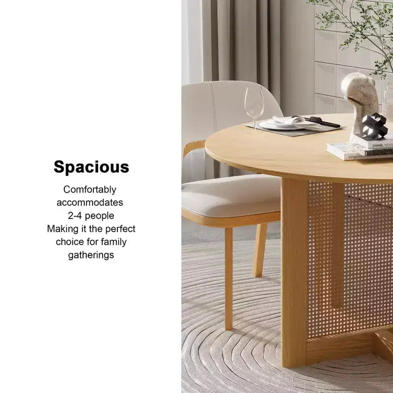 46" Round Farmhouse Dining Table – Solid Wood, Rattan Woven Legs, Seats 4