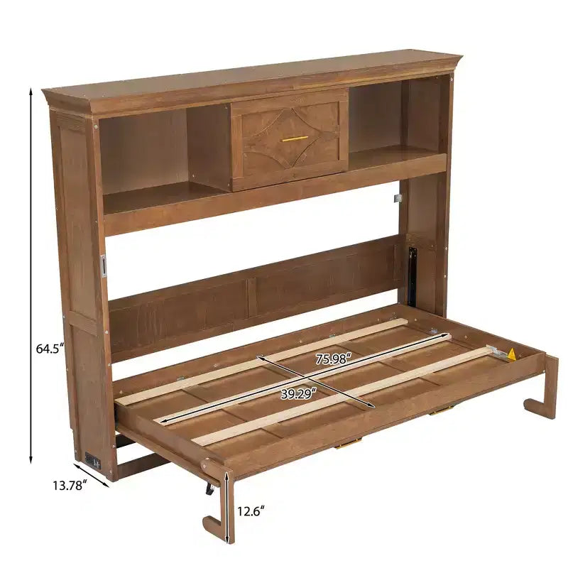 Wood Twin Murphy Bed with Charging Station, Storage Cabinets & Drawer