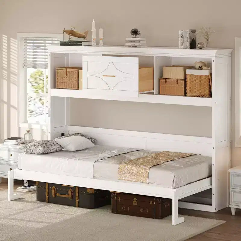 Wood Twin Murphy Bed with Charging Station, Storage Cabinets & Drawer