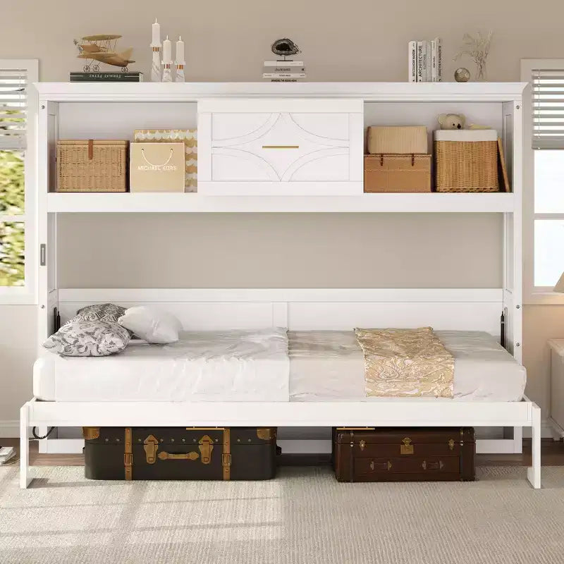 Wood Twin Murphy Bed with Charging Station, Storage Cabinets & Drawer