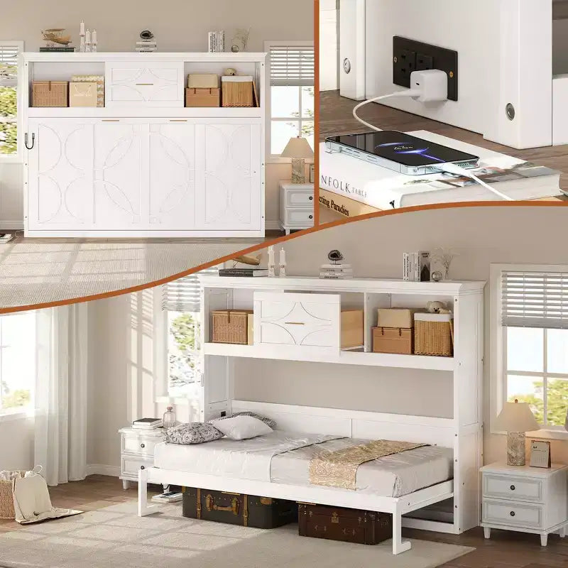 Wood Twin Murphy Bed with Charging Station, Storage Cabinets & Drawer