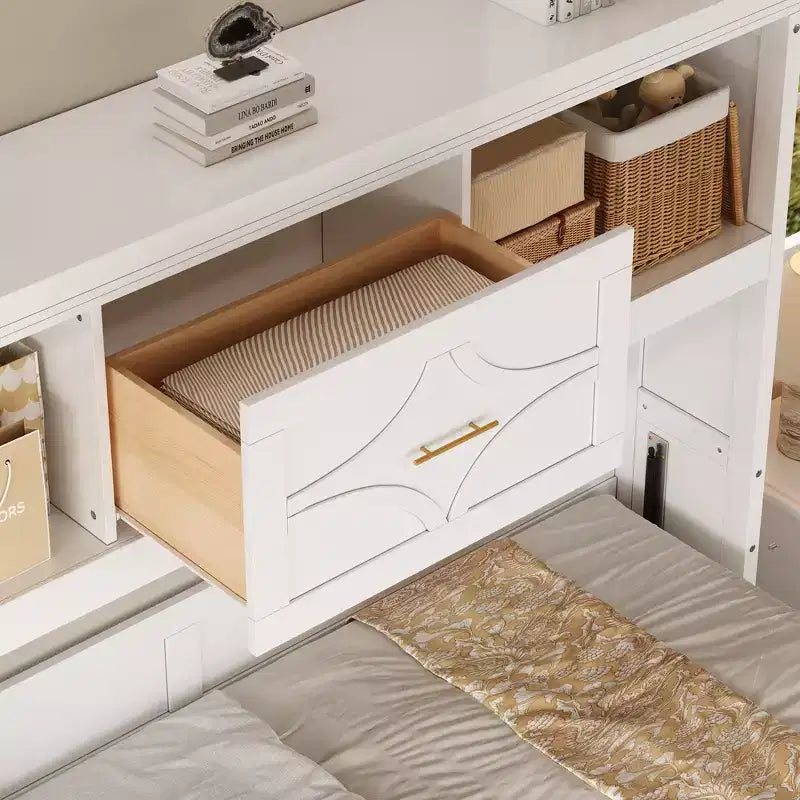 Wood Twin Murphy Bed with Charging Station, Storage Cabinets & Drawer