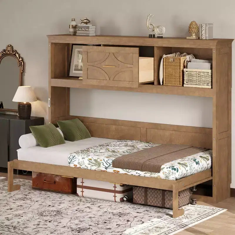 Wood Twin Murphy Bed with Charging Station, Storage Cabinets & Drawer
