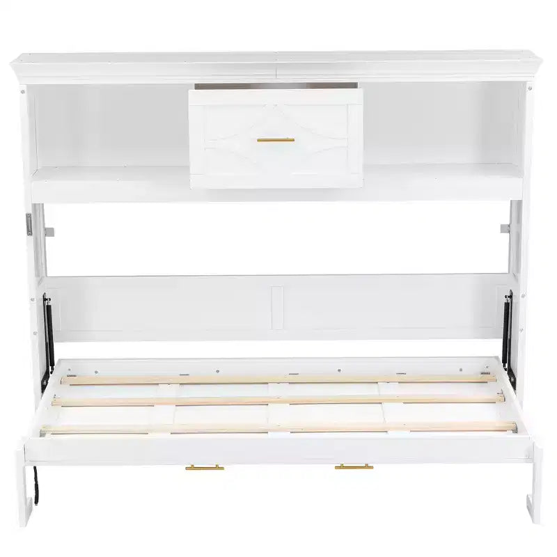 Wood Twin Murphy Bed with Charging Station, Storage Cabinets & Drawer