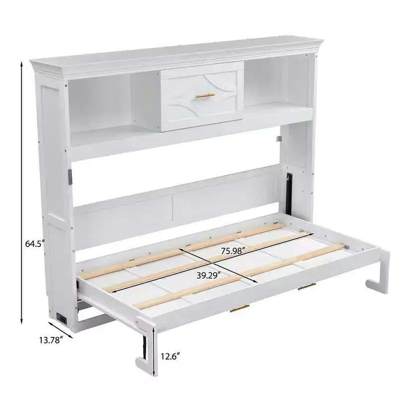 Wood Twin Murphy Bed with Charging Station, Storage Cabinets & Drawer