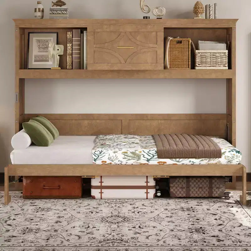 Wood Twin Murphy Bed with Charging Station, Storage Cabinets & Drawer