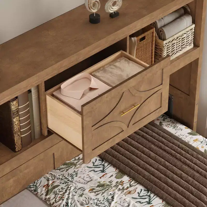 Wood Twin Murphy Bed with Charging Station, Storage Cabinets & Drawer