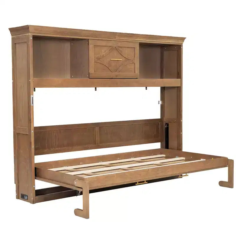 Wood Twin Murphy Bed with Charging Station, Storage Cabinets & Drawer