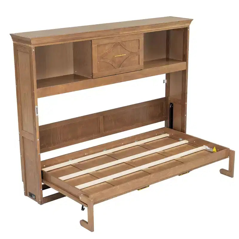 Wood Twin Murphy Bed with Charging Station, Storage Cabinets & Drawer