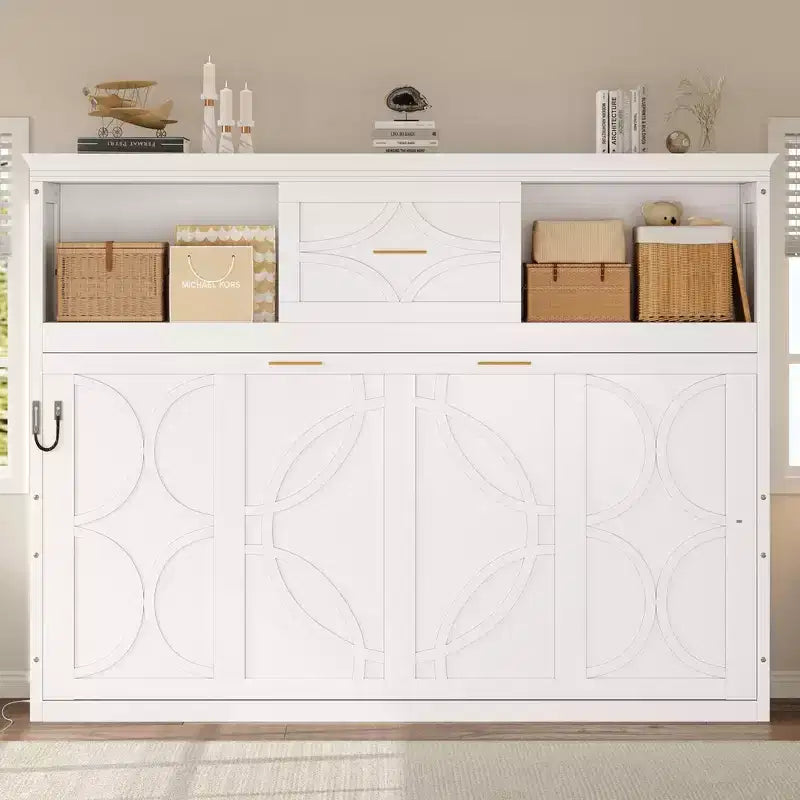 Wood Twin Murphy Bed with Charging Station, Storage Cabinets & Drawer