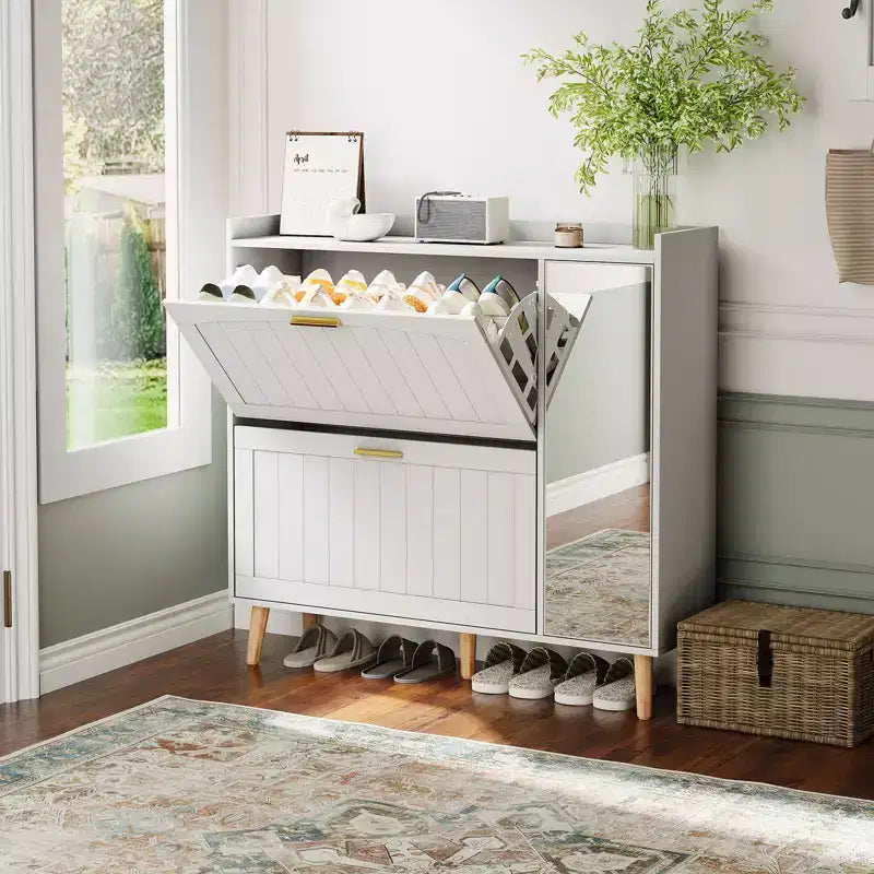 Brown/White Mirror Shoe Cabinet with 2 Flip Drawers, Freestanding, 1-Door