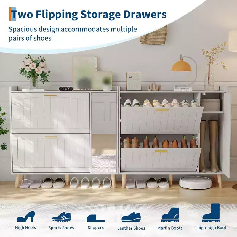 Brown/White Mirror Shoe Cabinet with 2 Flip Drawers, Freestanding, 1-Door