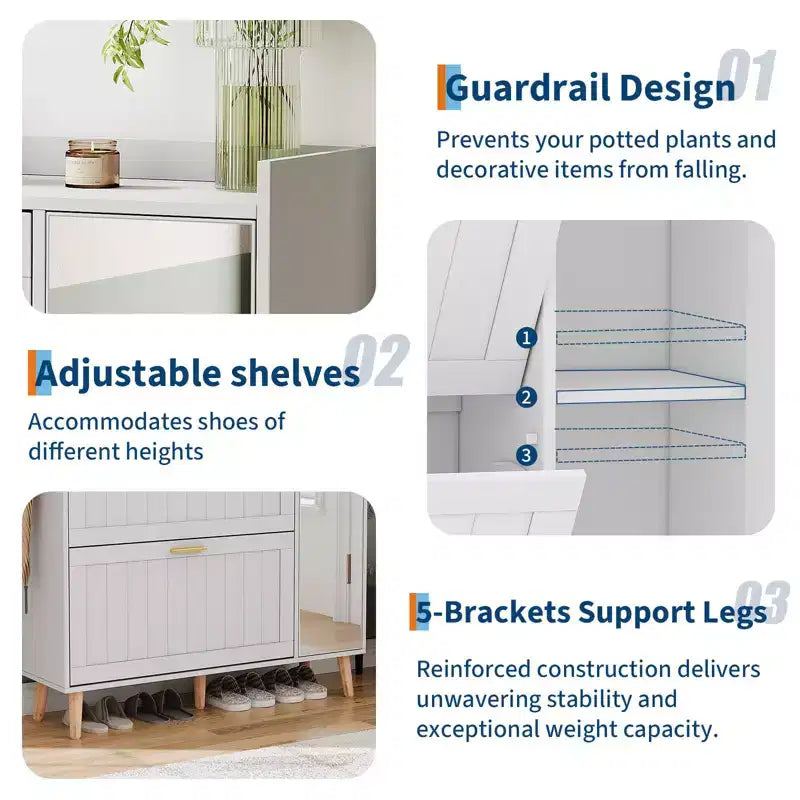 Brown/White Mirror Shoe Cabinet with 2 Flip Drawers, Freestanding, 1-Door