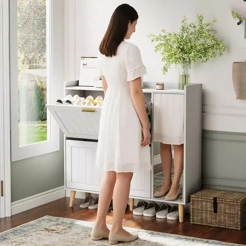 Brown/White Mirror Shoe Cabinet with 2 Flip Drawers, Freestanding, 1-Door