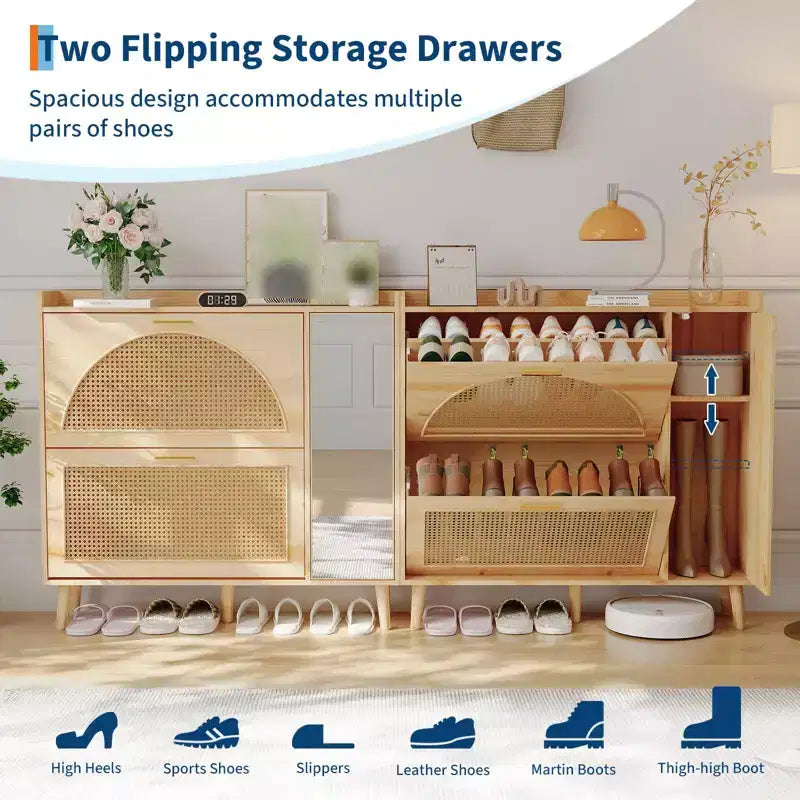 Brown/White Mirror Shoe Cabinet with 2 Flip Drawers, Freestanding, 1-Door