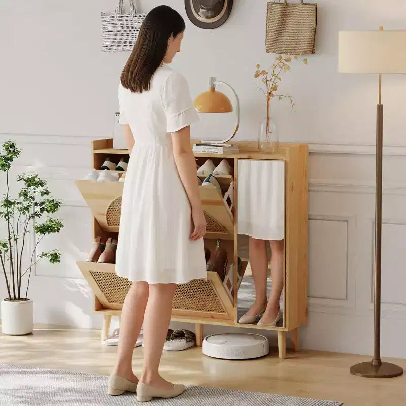Brown/White Mirror Shoe Cabinet with 2 Flip Drawers, Freestanding, 1-Door