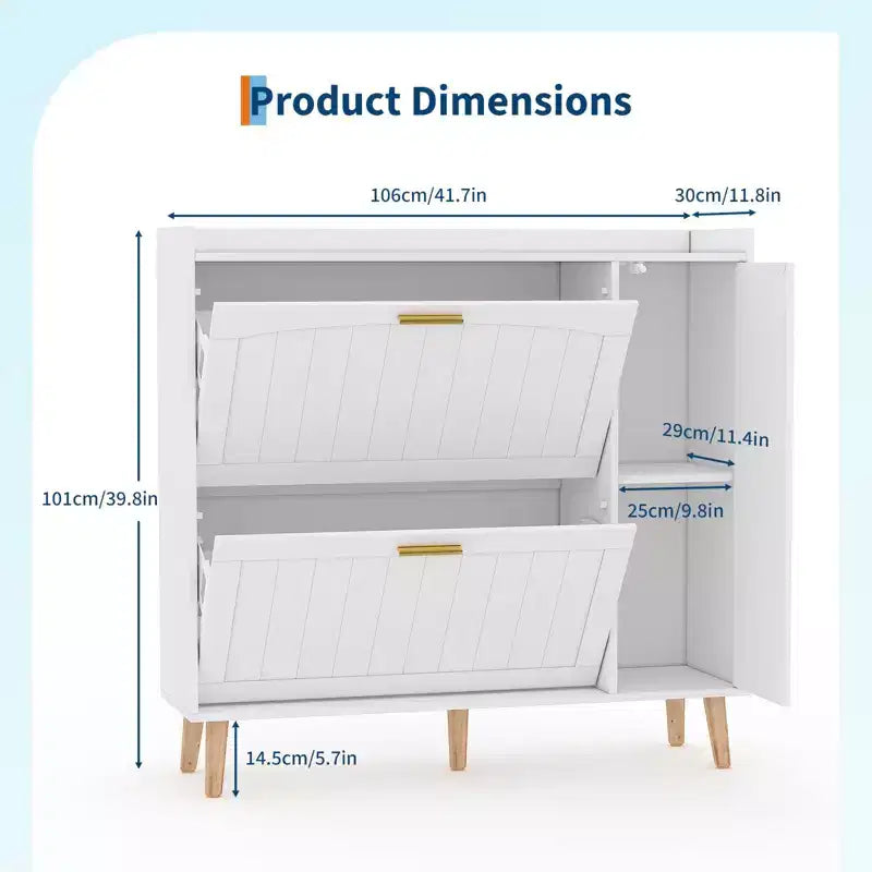 Brown/White Mirror Shoe Cabinet with 2 Flip Drawers, Freestanding, 1-Door