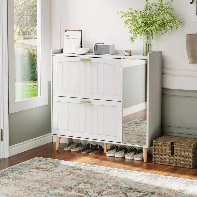 Brown/White Mirror Shoe Cabinet with 2 Flip Drawers, Freestanding, 1-Door