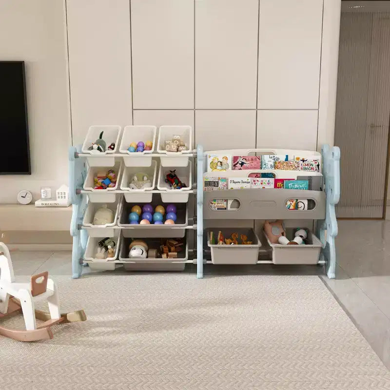White 2-Tier Kids Bookshelf with 12 Toy Bins, Front-Facing Storage Organizer for 1 Child