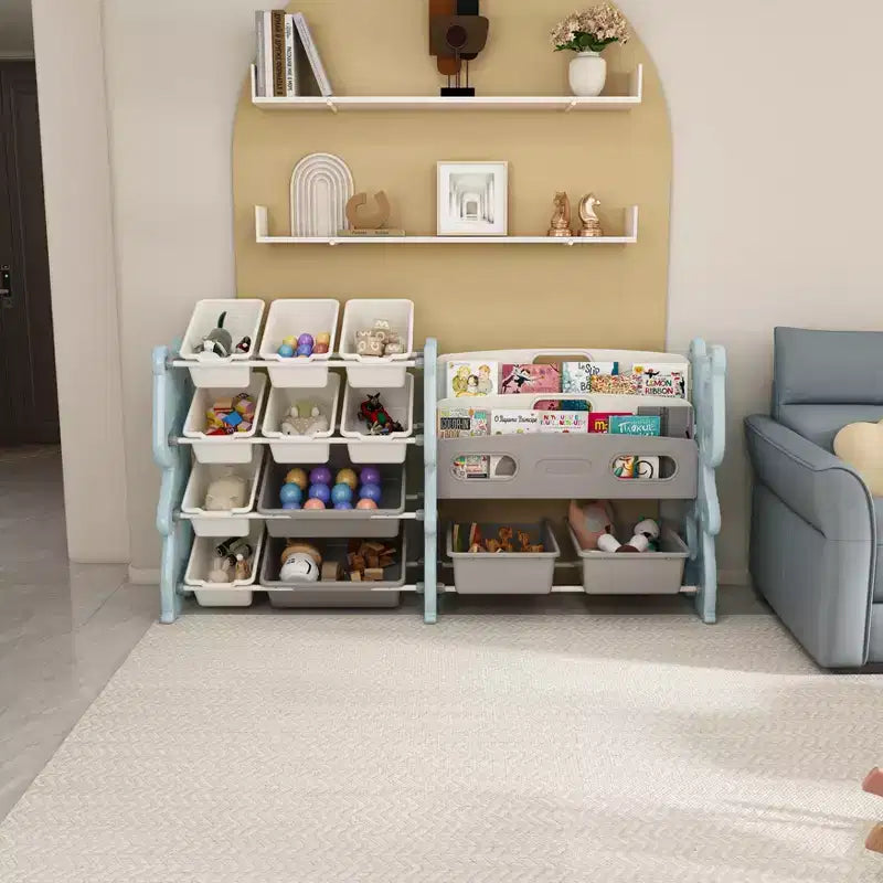 White 2-Tier Kids Bookshelf with 12 Toy Bins, Front-Facing Storage Organizer for 1 Child
