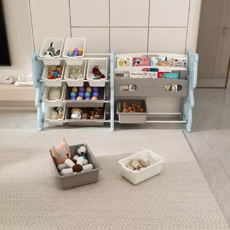 White 2-Tier Kids Bookshelf with 12 Toy Bins, Front-Facing Storage Organizer for 1 Child