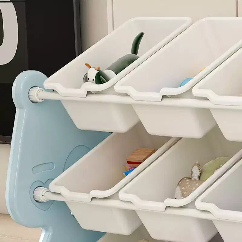 White 2-Tier Kids Bookshelf with 12 Toy Bins, Front-Facing Storage Organizer for 1 Child