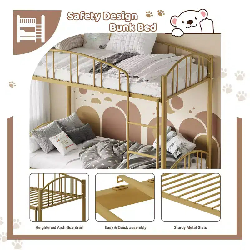 Black/Gold/Gray/Pink/White Metal Twin Over Twin Bunk Bed, 2-Person