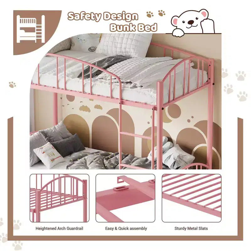 Black/Gold/Gray/Pink/White Metal Twin Over Twin Bunk Bed, 2-Person