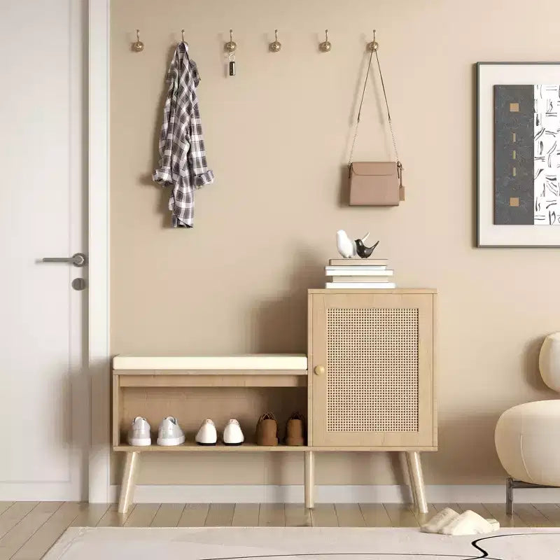 Natural Rattan Shoe Storage Bench with Cushion, 1-Seat