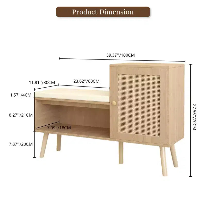 Natural Rattan Shoe Storage Bench with Cushion, 1-Seat