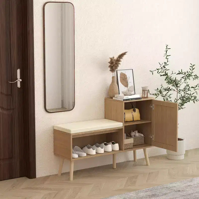 Natural Rattan Shoe Storage Bench with Cushion, 1-Seat