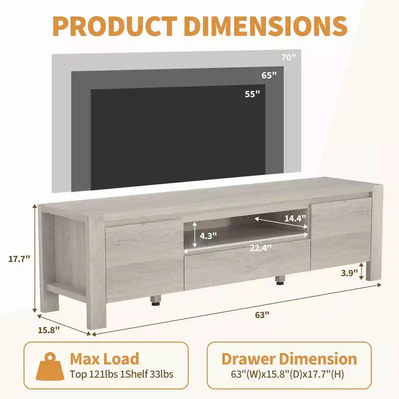 63" Farmhouse TV Stand with Doors & Cabinet – Entertainment Center for TVs up to 70"