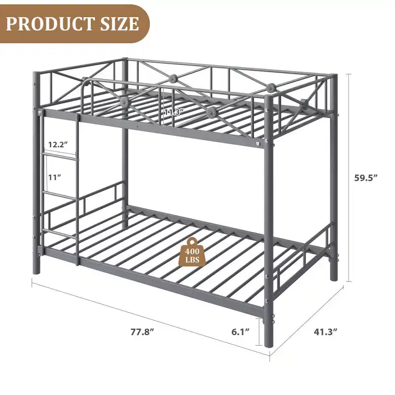 Black / Grey / White Floral Metal Twin Over Twin Bunk Bed for 2