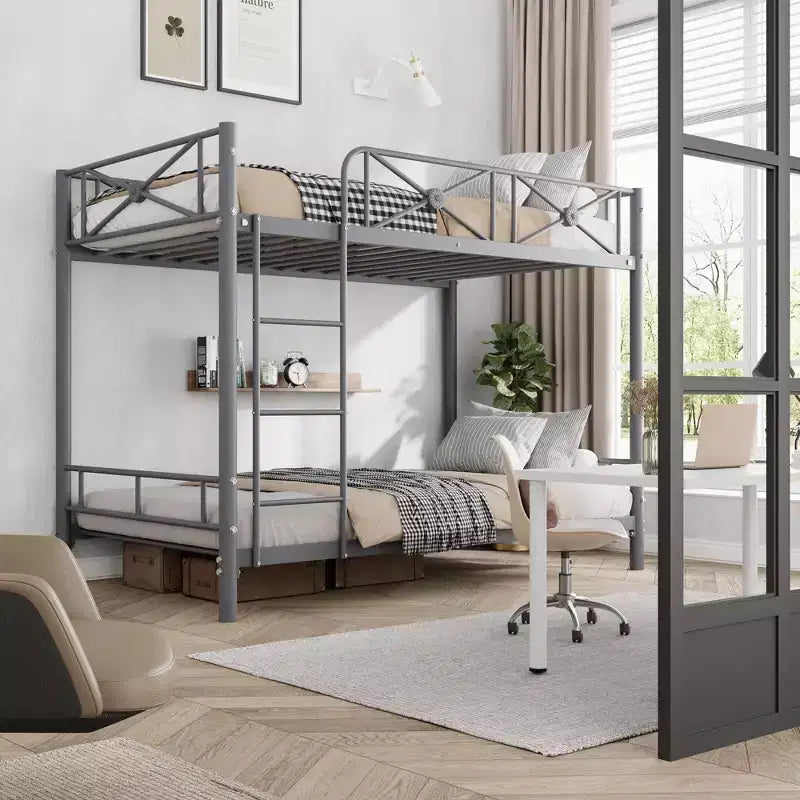 Black / Grey / White Floral Metal Twin Over Twin Bunk Bed for 2