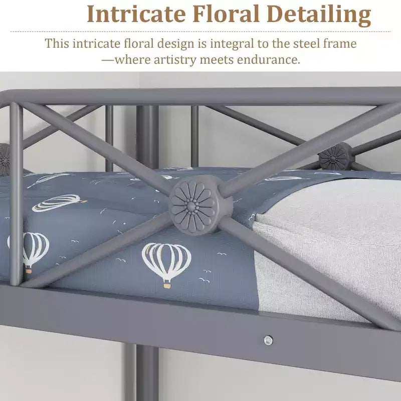 Black / Grey / White Floral Metal Twin Over Twin Bunk Bed for 2