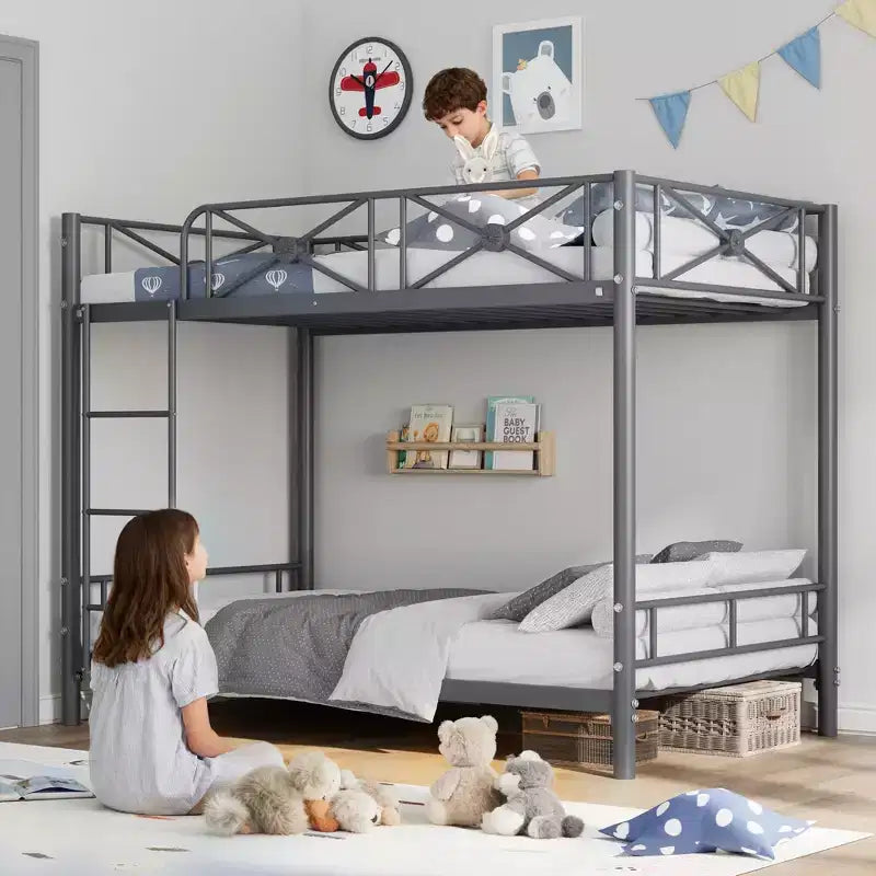 Black / Grey / White Floral Metal Twin Over Twin Bunk Bed for 2