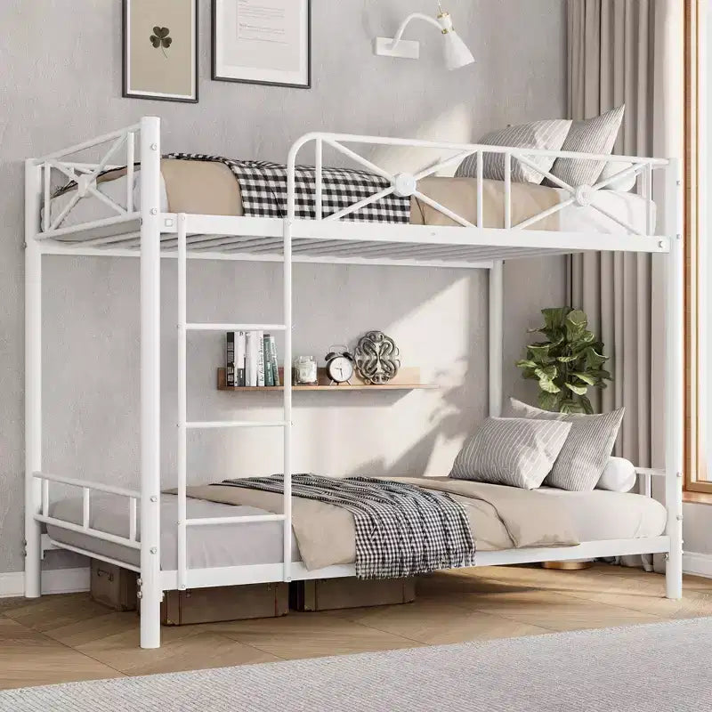 Black / Grey / White Floral Metal Twin Over Twin Bunk Bed for 2